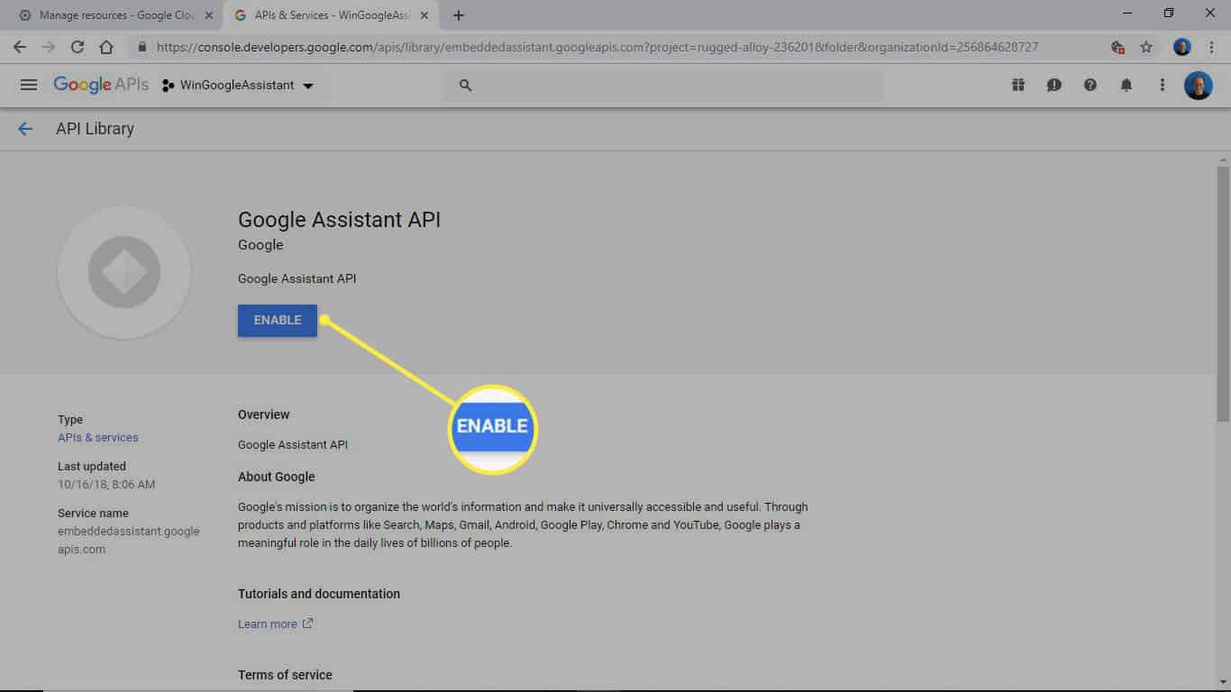 API dell'Assistente Google con il pulsante ABILITA visualizzato