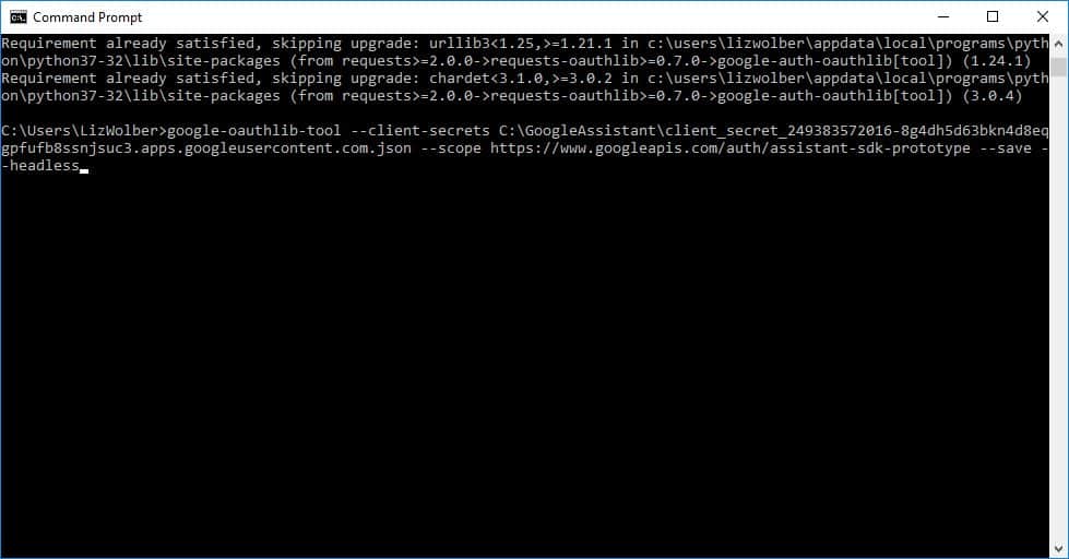 Screenshot del comando del prompt dei comandi per aggiungere il segreto del client OAuth di Google