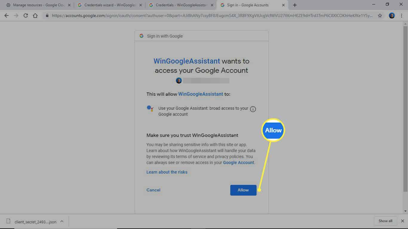 WinGoogleAssistant vuole accedere al tuo account Google ", con il pulsante Consenti visualizzato