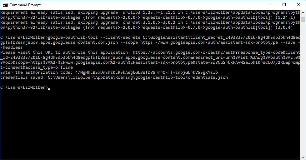 Screenshot della schermata del prompt dei comandi dopo aver incollato il codice di autorizzazione. Visualizza il messaggio "credenziali salvate"