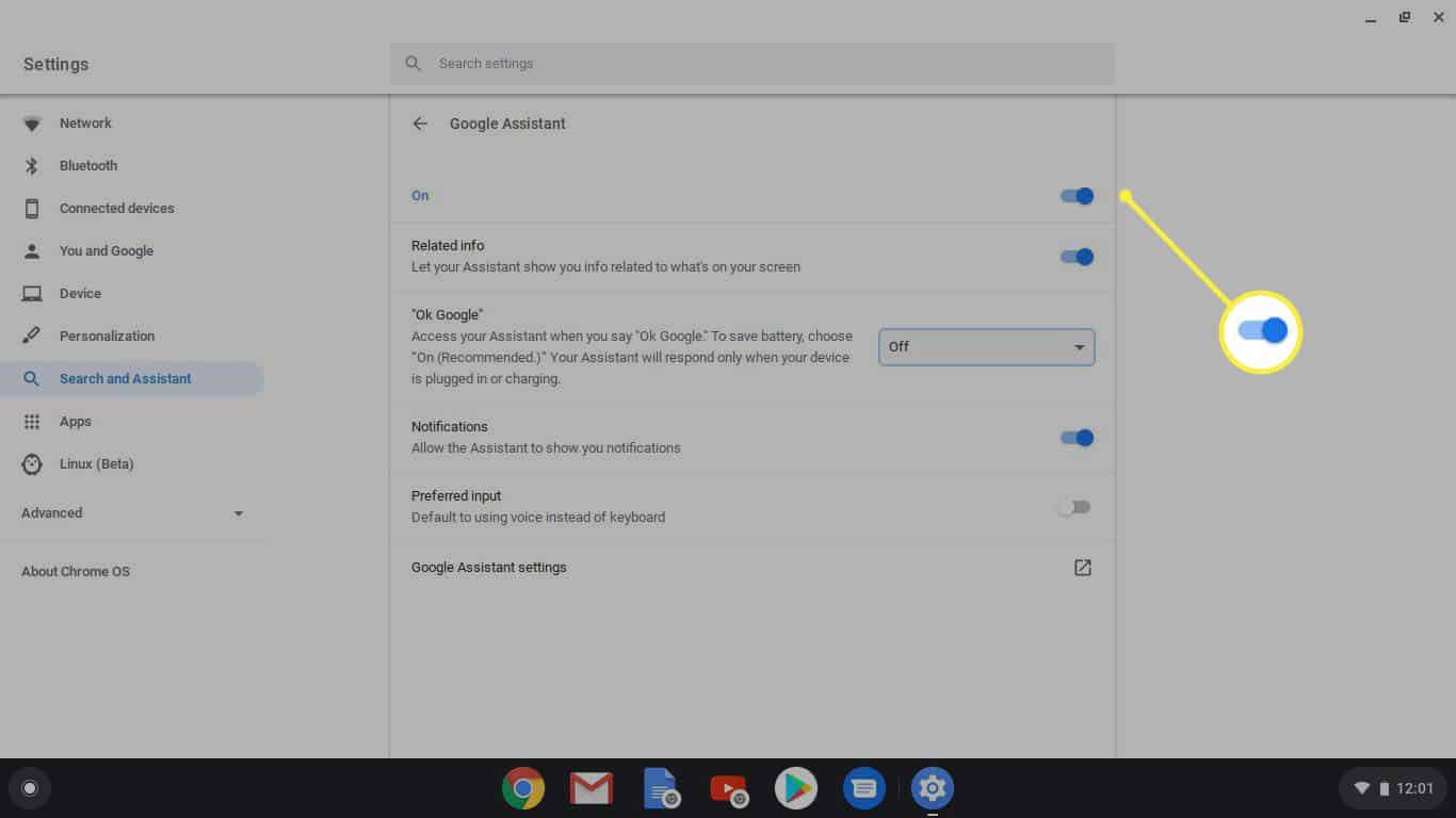 Impostazioni dell'Assistente Google sul Chromebook.