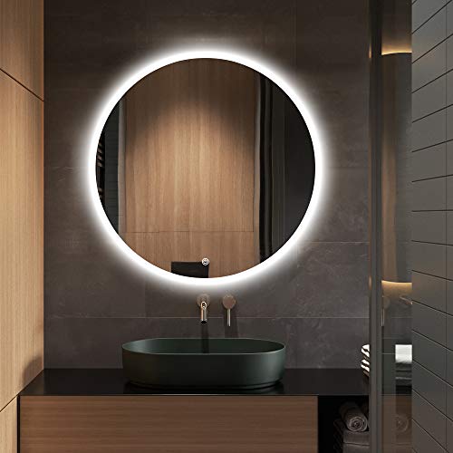 S-bagno - Specchio da bagno rotondo con illuminazione a LED, diametro 600 mm, con altoparlante Bluetooth integrato, luminosità regolabile, pad deumidificante e interruttore a contatto