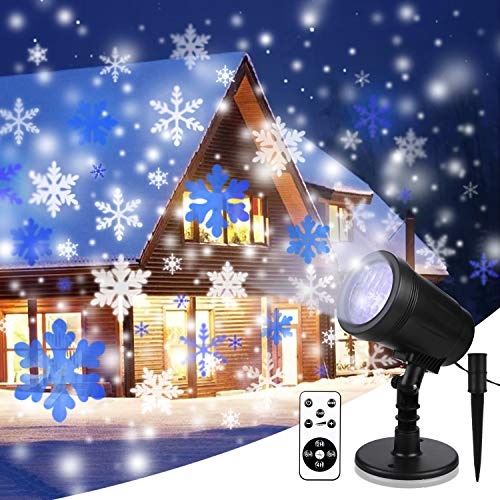 Proiettore LED di Natale, lampada di proiezione LED a fiocco di neve blu e bianca, 4 modalità di effetto con telecomando, proiettore di luci natalizie per interni ed esterni impermeabile