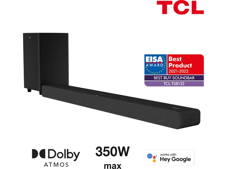 Soundbar - TCL TS8132, Dolby Atmos-350W, 3.1.2 canali, subwoofer wireless, 3 modalità audio, nero