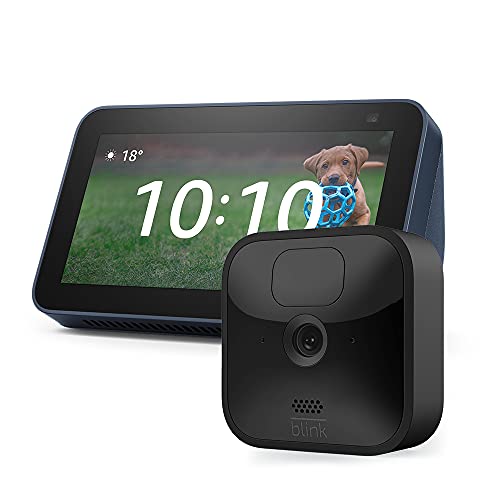 Blink Videocamera di sicurezza HD per esterni (1 videocamera) + Echo Show 5 (2a generazione - Modello 2021), blu