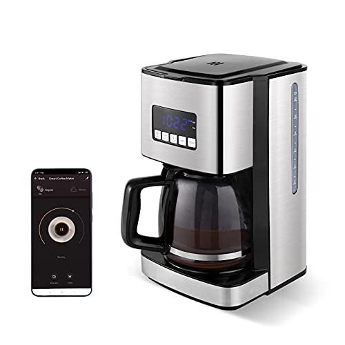 SYSYLY Macchina da caffè a goccia, macchina da caffè Smart WiFi, argento/acciaio inossidabile, caraffa da 12 tazze, filtro riutilizzabile, compatibile con Alexa, Google, iOS, Wi-Fi Android e app Smart Life