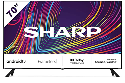 Sharp 70DN6EA - Android 11 TV senza cornice da 70" (4K Ultra HD, 4X HDMI 2.1, 2X USB, Bluetooth), Dolby Vision e Atmos, Google Assistant, Chromecast, Harman/kardon 2.1 Altoparlanti 2x10W+15W, HDR10