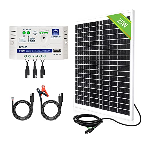 Kit pannello solare policristallino ECO-WORTHY 25W 12V: pannello solare impermeabile IP65 + cavo di collegamento SAE + controller USB per barche, luce, pollaio