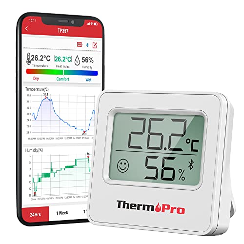ThermoPro TP357 Termometro Bluetooth 260FT, igrometro digitale con monitoraggio remoto di temperatura e umidità e app intelligente, termometro domestico digitale con record massimo e minimo, bianco