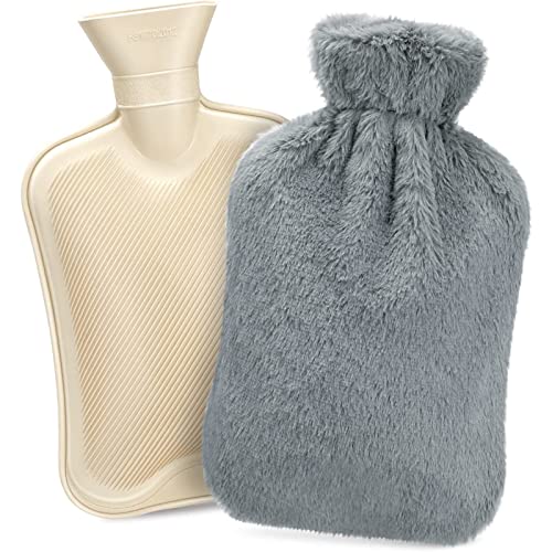 Borsa dell'acqua calda da 2 litri, borsa dell'acqua calda Dawdix con morbida copertura in peluche, borsa dell'acqua calda, borsa dell'acqua calda, miglior regalo (grigio)