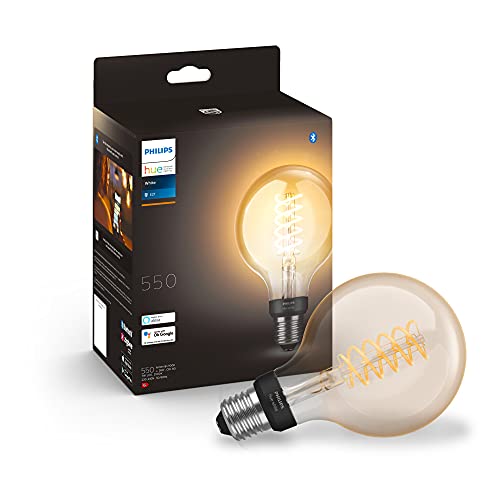 Philips Hue LED Globe E27 filamento bianco, regolabile, design vintage, bianco caldo, applicabile tramite app, compatibile con Amazon Alexa (Echo, Echo Dot), 1 pezzo (confezione da 1)