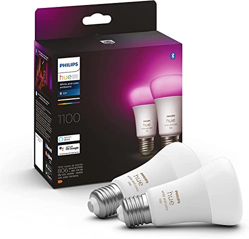 Philips Hue - Lampadina Smart, A60 E27, Luce Bianca e Colorata, 9W (Eq. 75W), 1100lm, Compatibile con Alexa e Google Home - Confezione da 2 Lampadine LED Smart