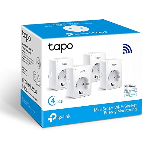 TP-Link Tapo P110 (confezione da 4) - Mini Wi-Fi Smart Plug (con monitoraggio energetico), programmazione On/Off, risparmio energetico, compatibile con Alexa e Google Home
