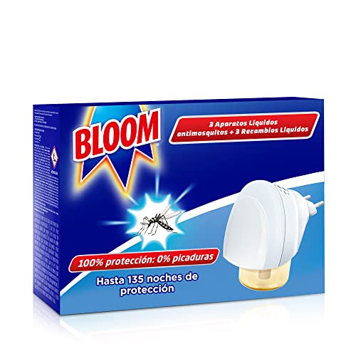 Bloom Insetticida Elettrico Liquido Doppia Efficacia (3 dispositivi + 3 ricariche), repellente elettrico per zanzare efficace contro la zanzara comune e tigre, 135 notti di protezione